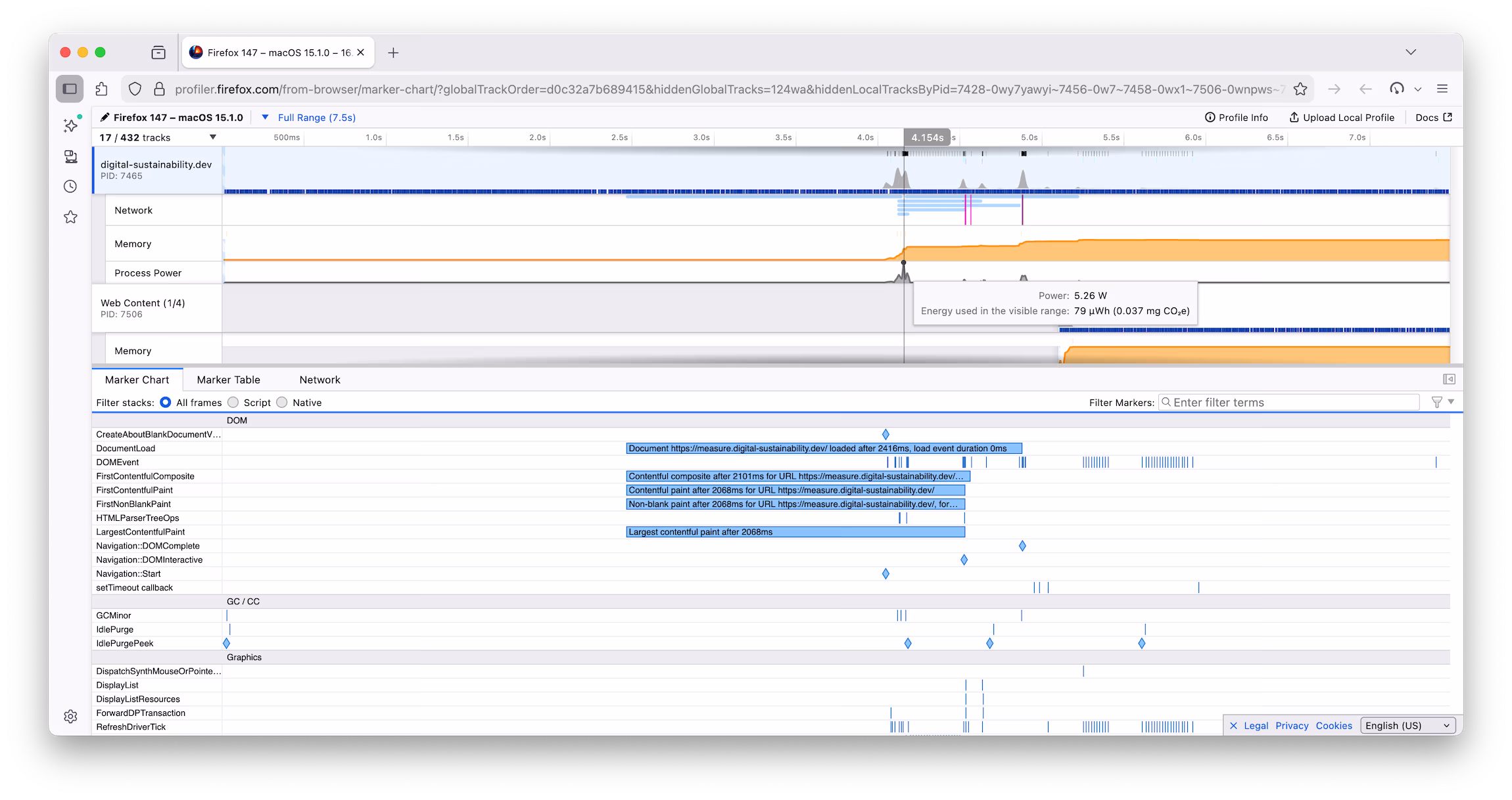 Firefox profiler able to measure not only performance but also power consumption